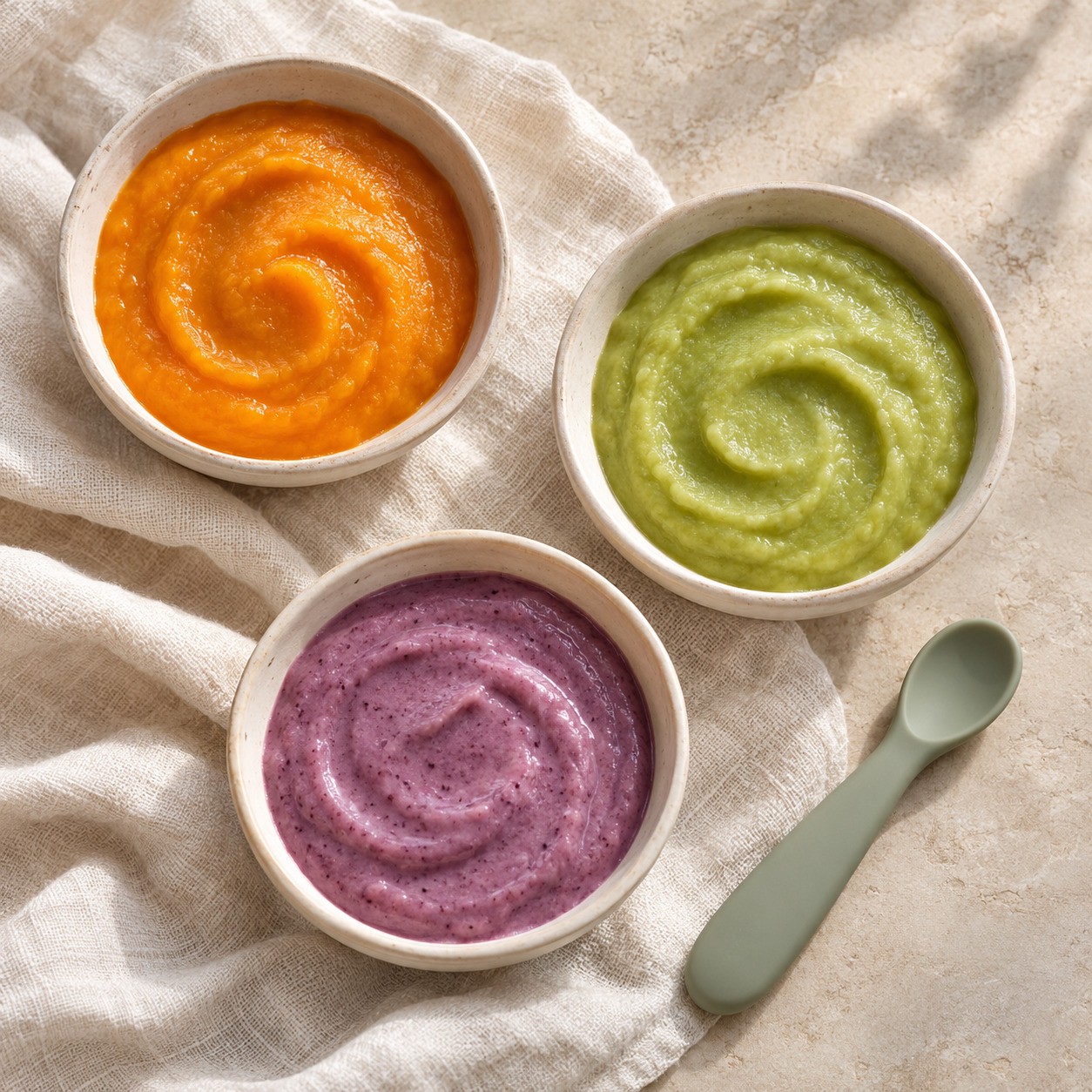 Three bowls of orange, green and purple purée beside a spoon